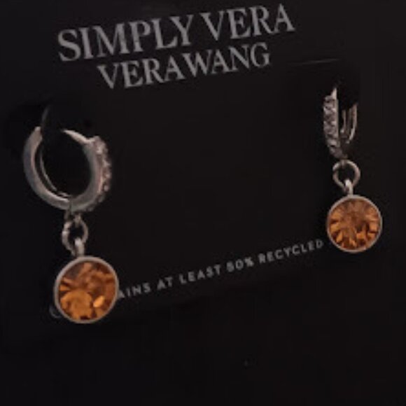 VERA WANG Mod/Contemporary Gunmetal Clear & Topaz Crystal Drop Hoop Earrings~NEW - Picture 2 of 3
